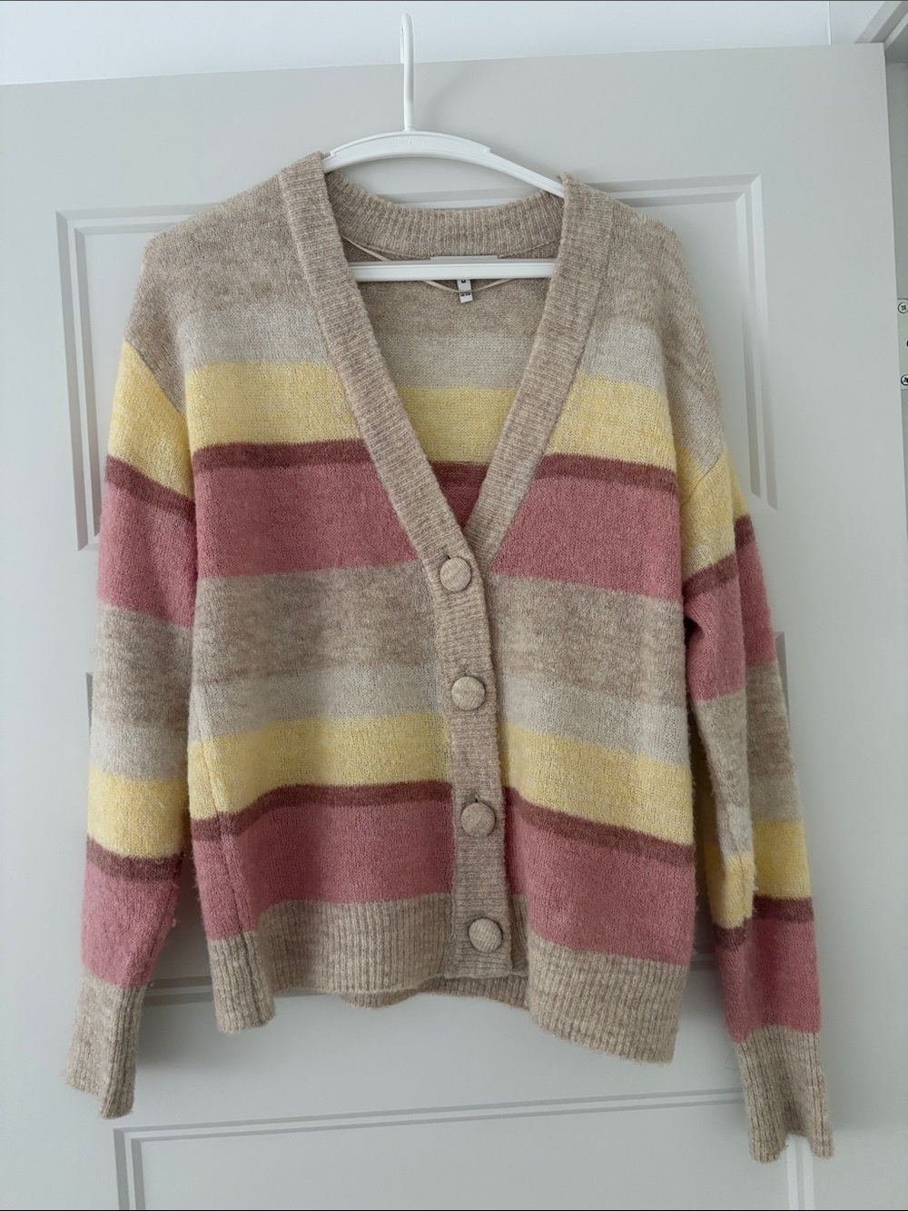 B.Young Striped Beige, Pink & Yellow Button-Front V-Neck Knit Cardigan